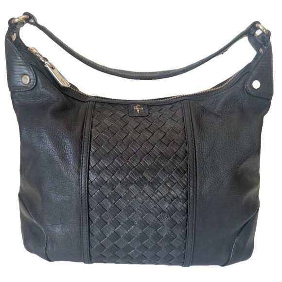 EUC Cole Haan Black Leather Hobo Shoulder Handbag With Woven Weave Front - Picture 1 of 16